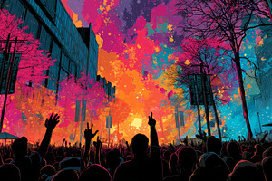 Vibrant music festival crowd in a neon city concert at sunset with colorful pai, a Photo by AS photostudio