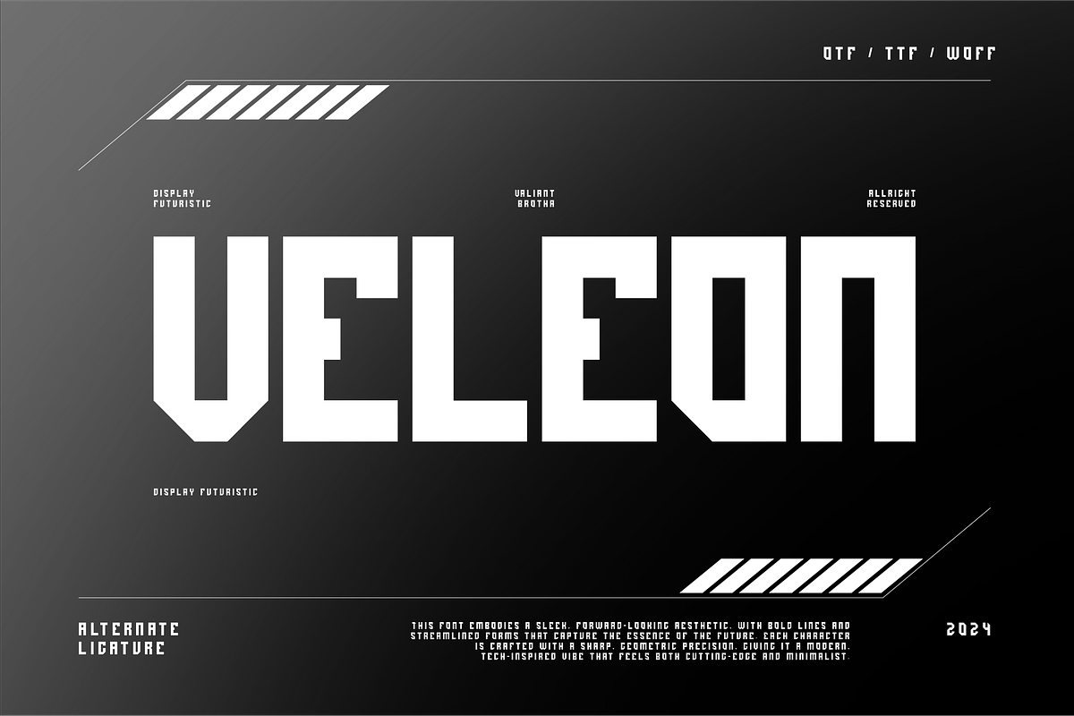 VB Veleon - Futuristic Font, a Sans Serif Font by VALIANTBROTHA (Photo 1 of 9)