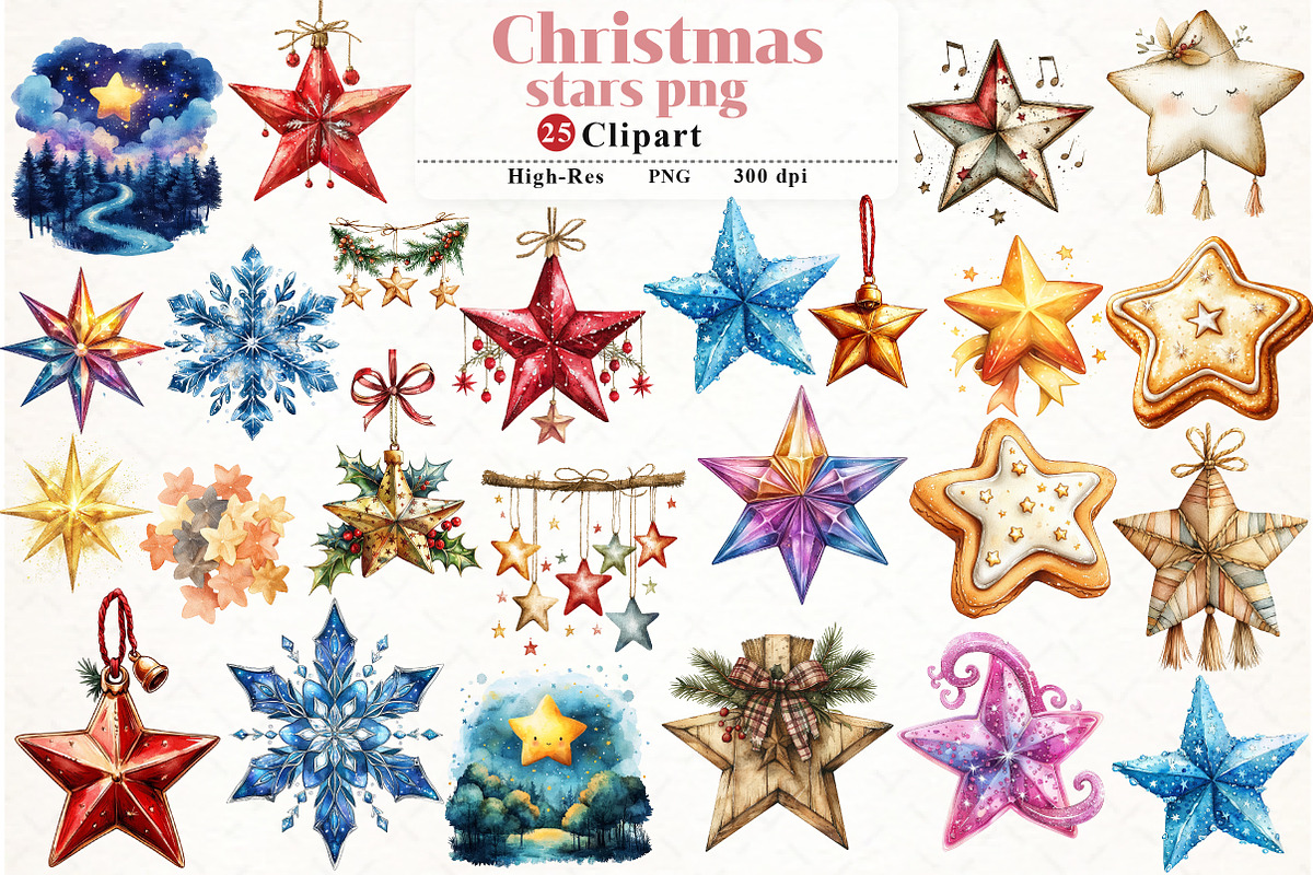 Christmas stars Clipart, an Illustration by Watercolor design (Photo 1 of 4)
