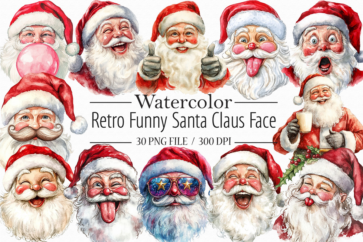 Retro Funny Santa Claus Face Clipart, an Illustration by Libby Wishes (Photo 1 of 6)