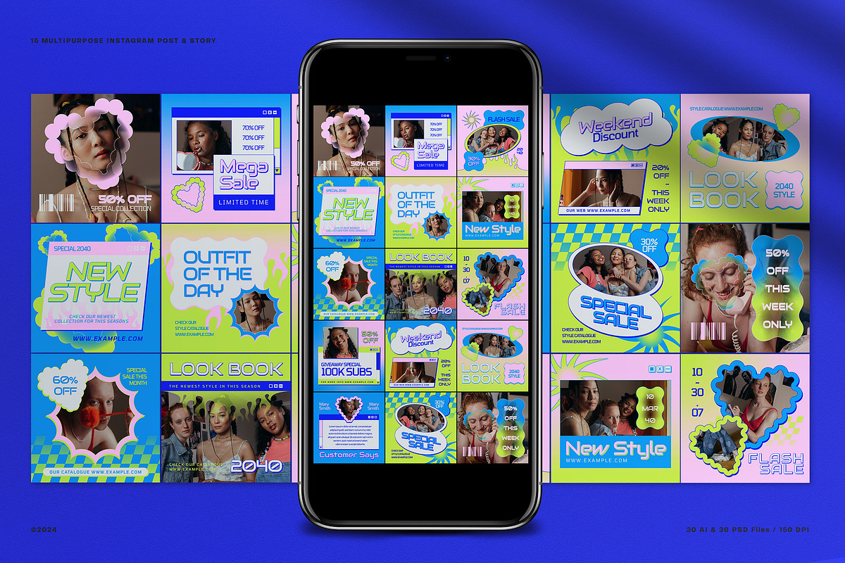 Blue Y2K Fashion Instagram Pack, a Social Media Template by graphicook (Photo 1 of 5)