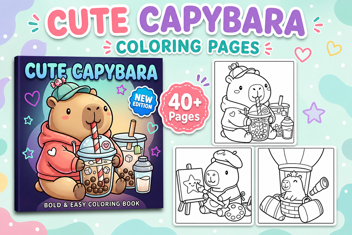 Cute Capybara Coloring Pages, an Animal Illustration by Inkivelle Studio (Photo 1 of 3)
