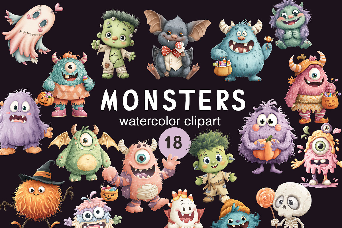 MONSTER Halloween watercolor clipart, an Object Illustration by Pattern + watercolor (Photo 1 of 5)