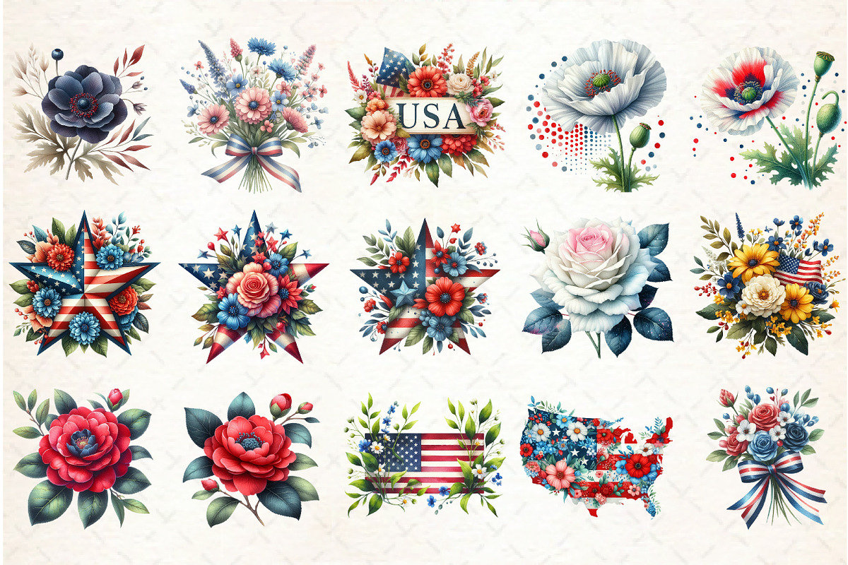 Watercolor Patriotic Floral Clipart, an Illustration by Libby Wishes (Photo 3 of 12)
