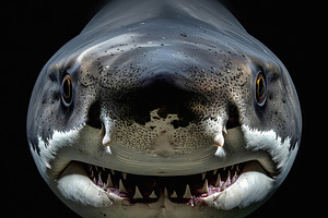 Great white shark frontal portrait with wide open menacing jaws, an Animal Photo by GoodGoods