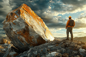 A lithologist climber stands on rocky terrain, gazing at a large, colorful boul, a Person Photo by Textures & Backgrounds