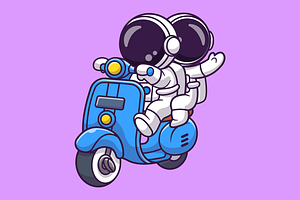 Cute Couple Astronaut Riding Scooter