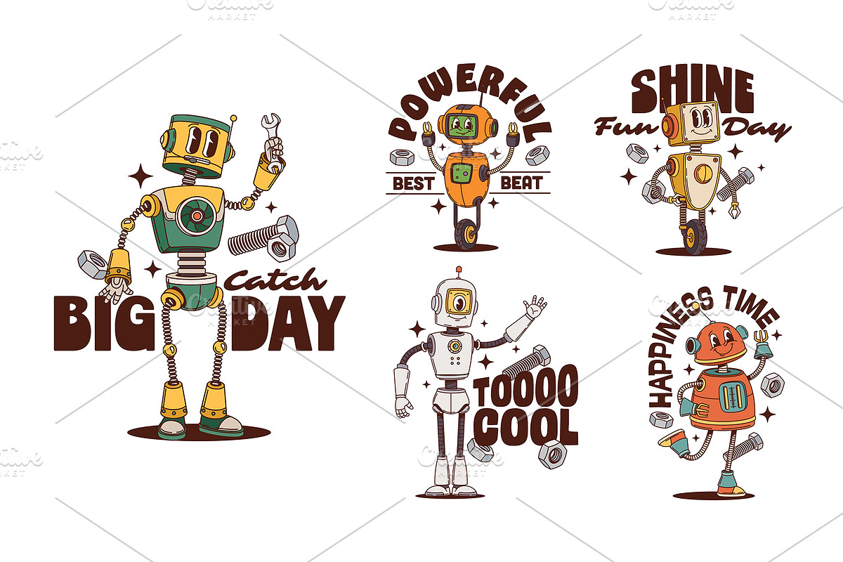 Retro robot groovy characters, an Illustration by Buch&Bee (Photo 2 of 3)