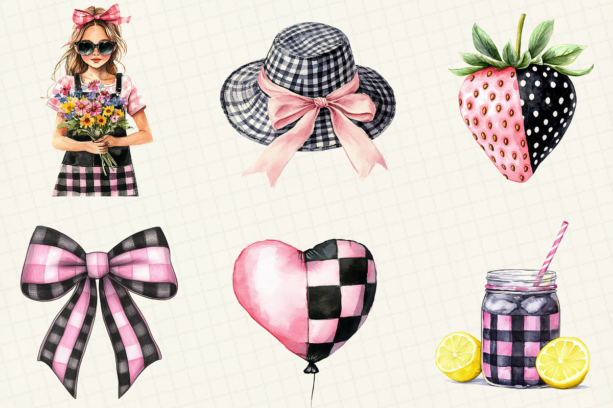 Black And Pink Gingham Summer Clipar, an Illustration by OK Design (Photo 2 of 5)