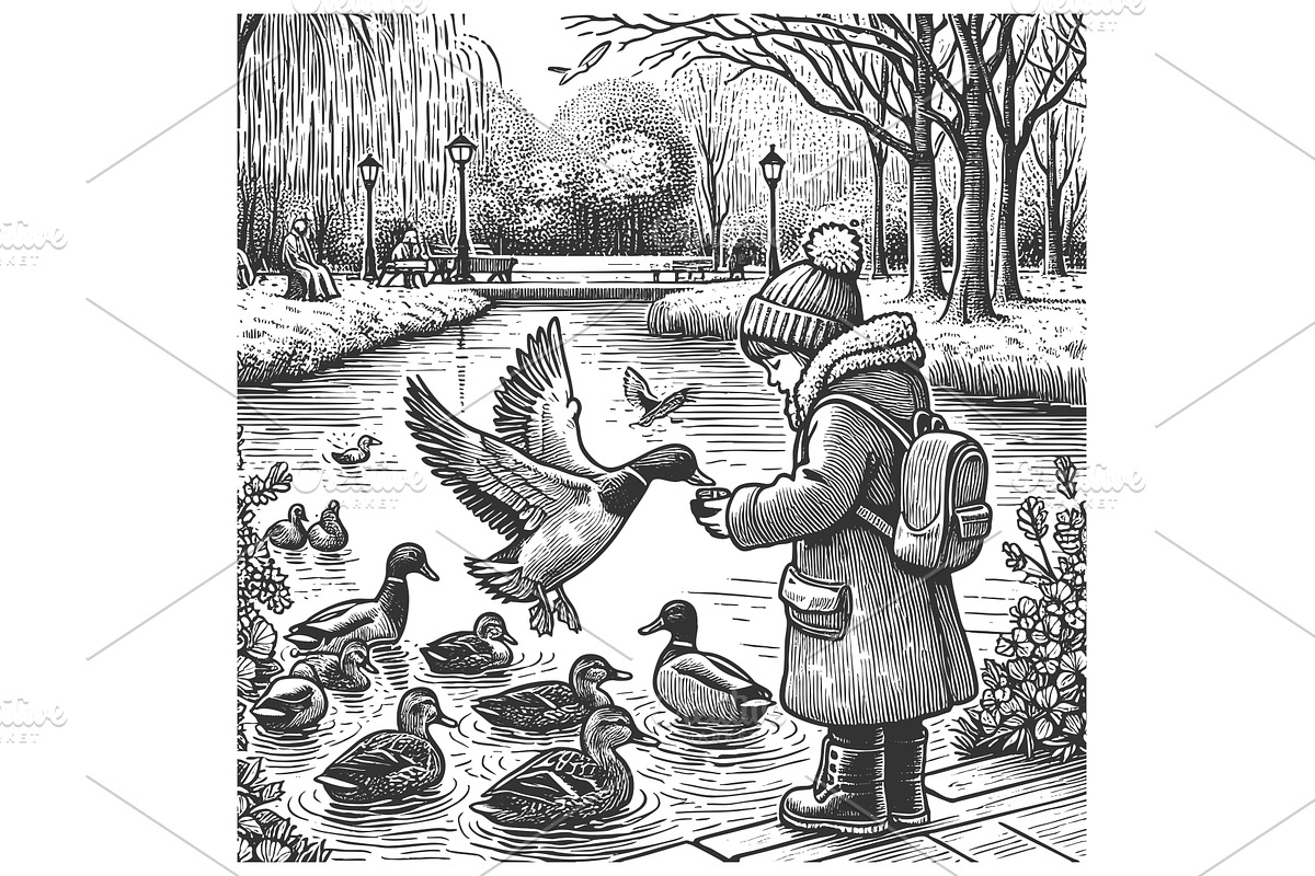 Girl feeding ducks by riverside, a Person Illustration by AlexArt