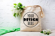 Tote bag mockup with white lilac, a Merchandise Mockup by TasiPas (Thumbnail 2 of 4)