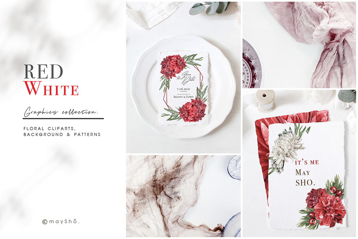 Red Burgundy & White Floral Clipart, an Illustration by May • SHO (Photo 2 of 13)