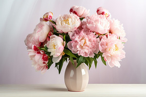Pink peony flowers in vase on wooden table, a Nature Photo by AlyaAnd