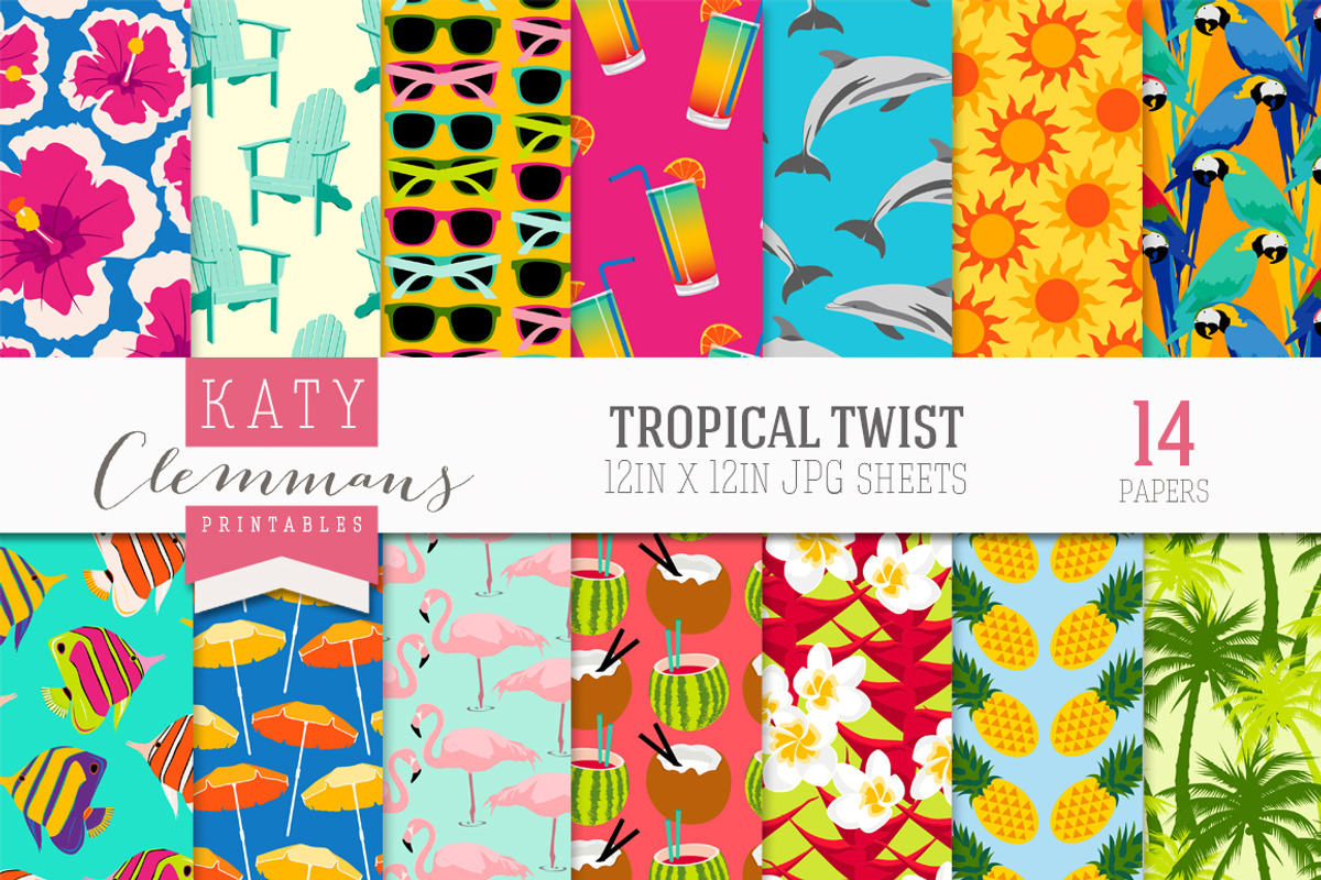 Tropical Twist digital paper pack, a Pattern Graphic by Katy Clemmans (Photo 1 of 5)
