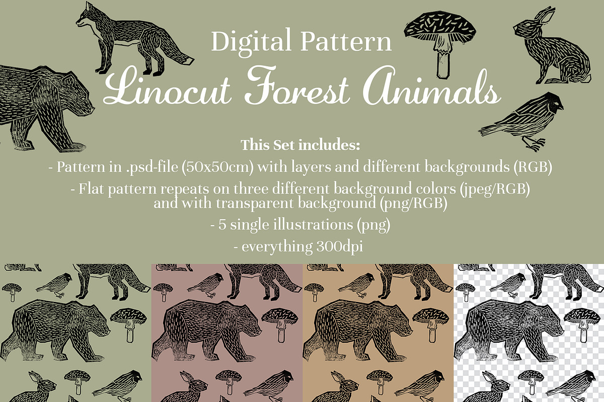 Linocut Forest Animals Pattern, a Pattern Graphic by koberstein (Photo 2 of 3)