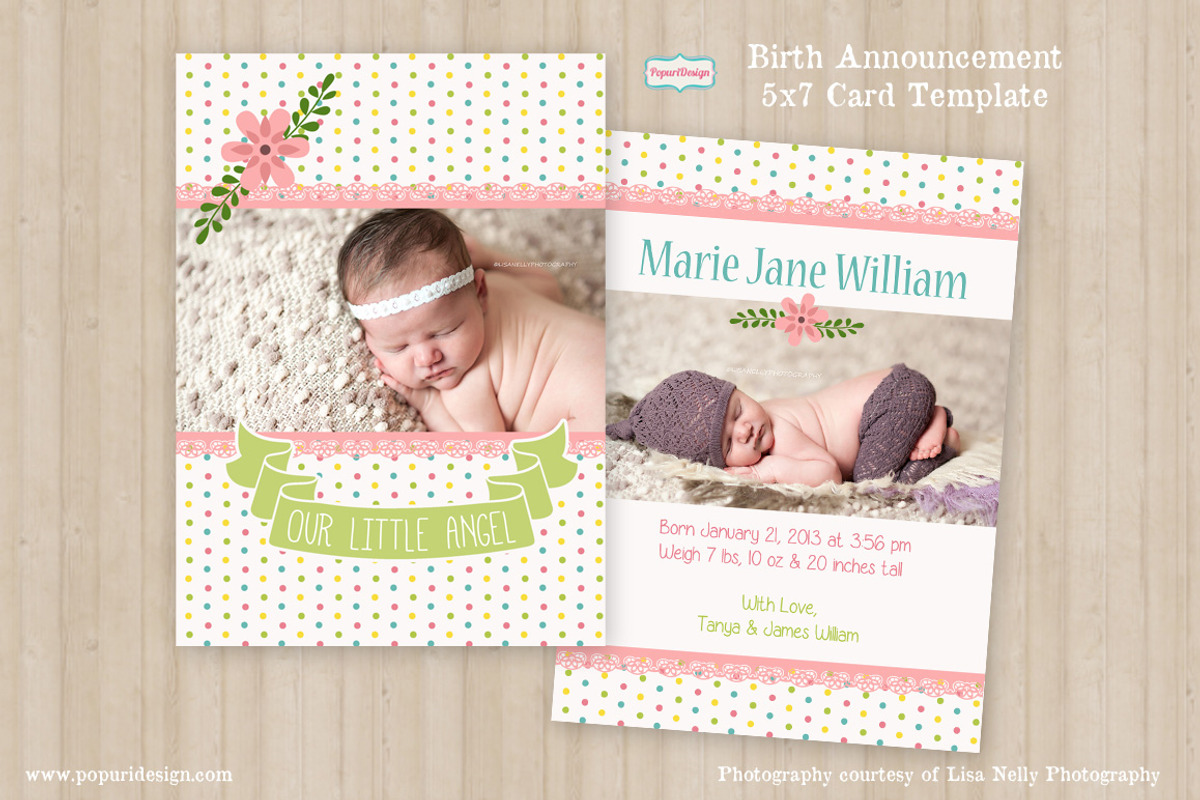 5x7 Birth Announcement Card, a Card Template by designsontheside