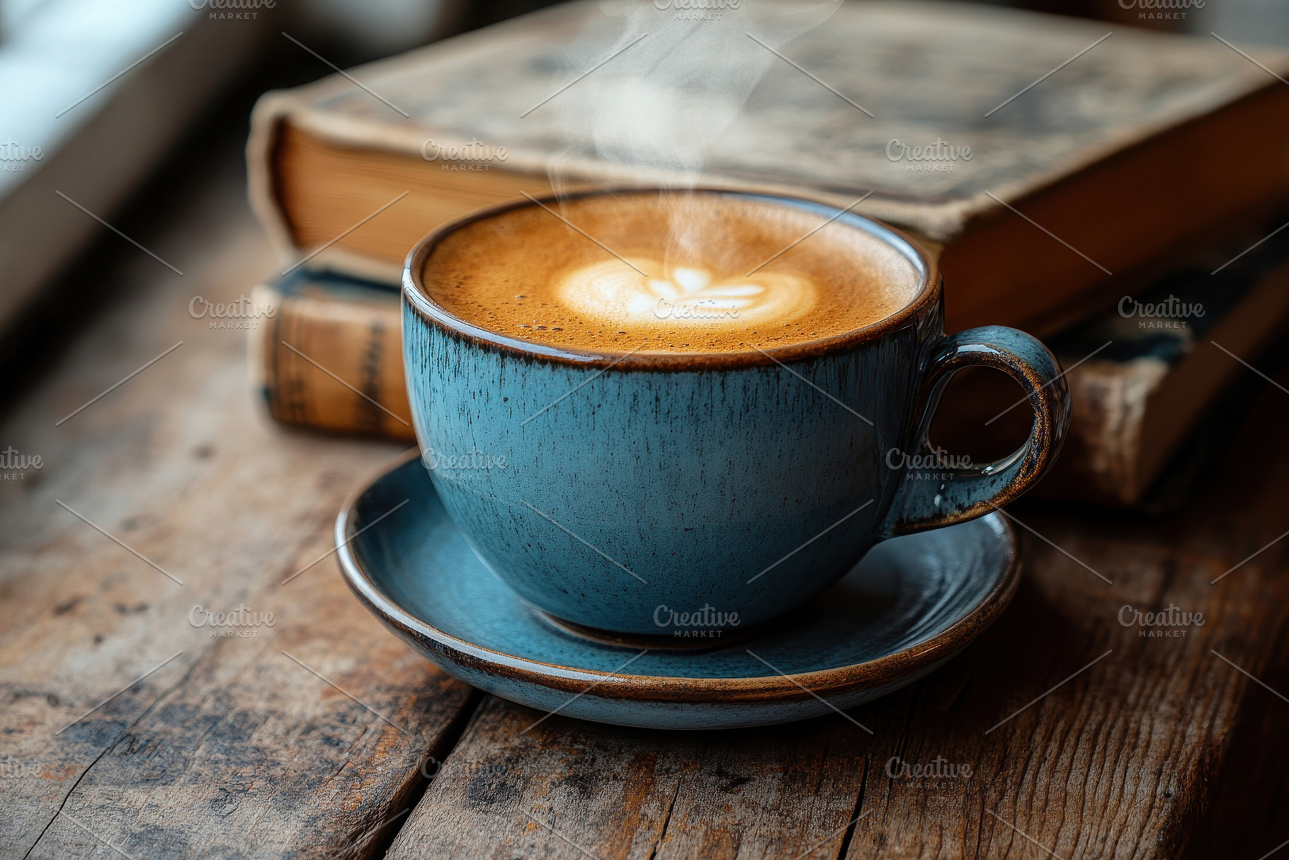 Warm coffee cup sits beside old book, a Photo by Tanuart