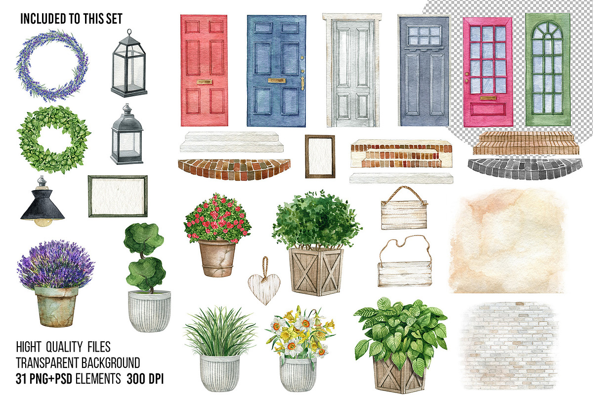Watercolor front door scene creator, an Object Graphic by yana.fefelova (Photo 2 of 4)