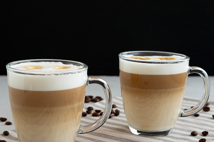 Homemade Latte Macchiato in Glasses, side view., a Food & Drink Photo by LiudmylaChuhunova