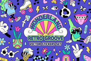 Retro stickers in groovy style set