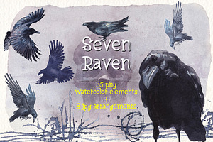 Seven Raven Watercolor Clipart