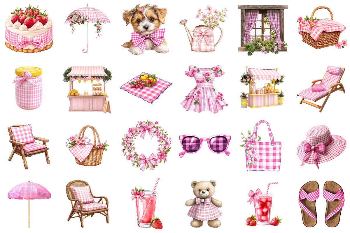 Bohemian Pink Gingham Summer Clipart, an Illustration by designcity5 (Photo 2 of 5)