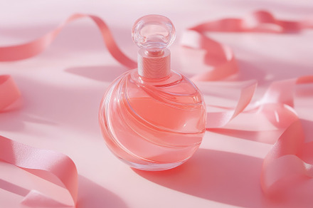 Elegant pink perfume bottle with sat, a Photo by Tanuart