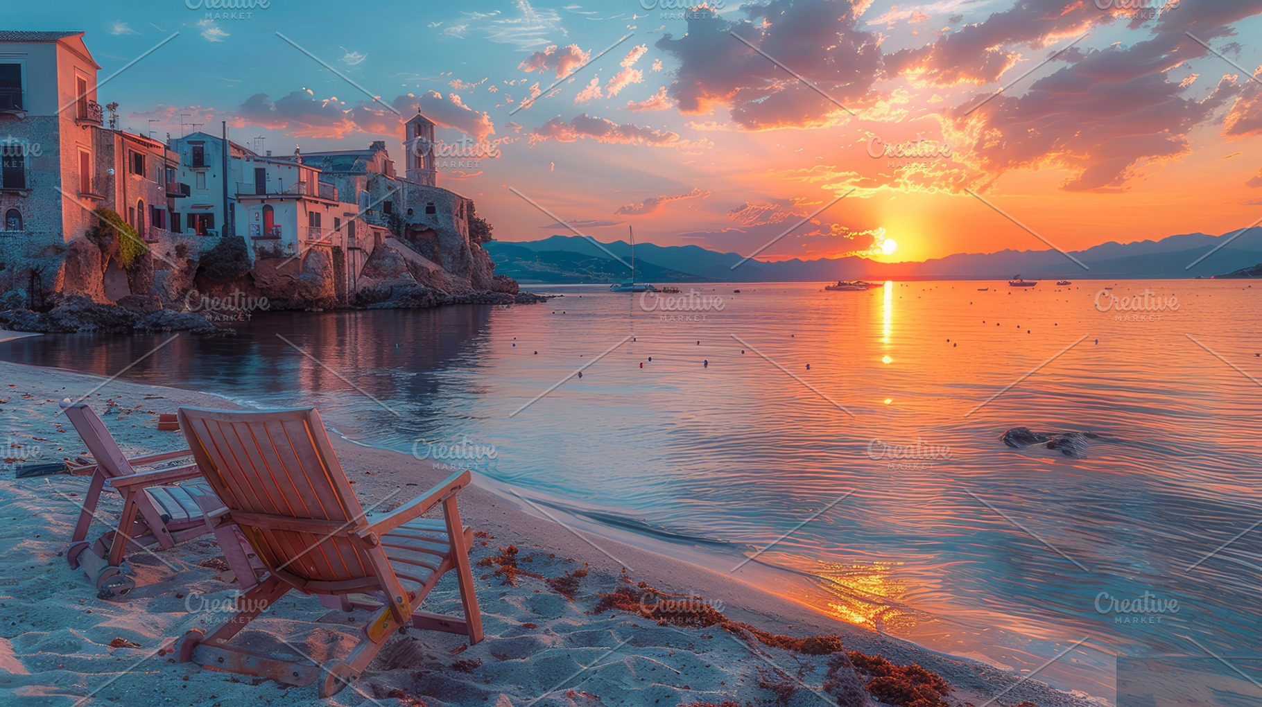 Sunset View in Cefalu Town With Historic Buildings and Beach Chair, a Photo by AS photostudio