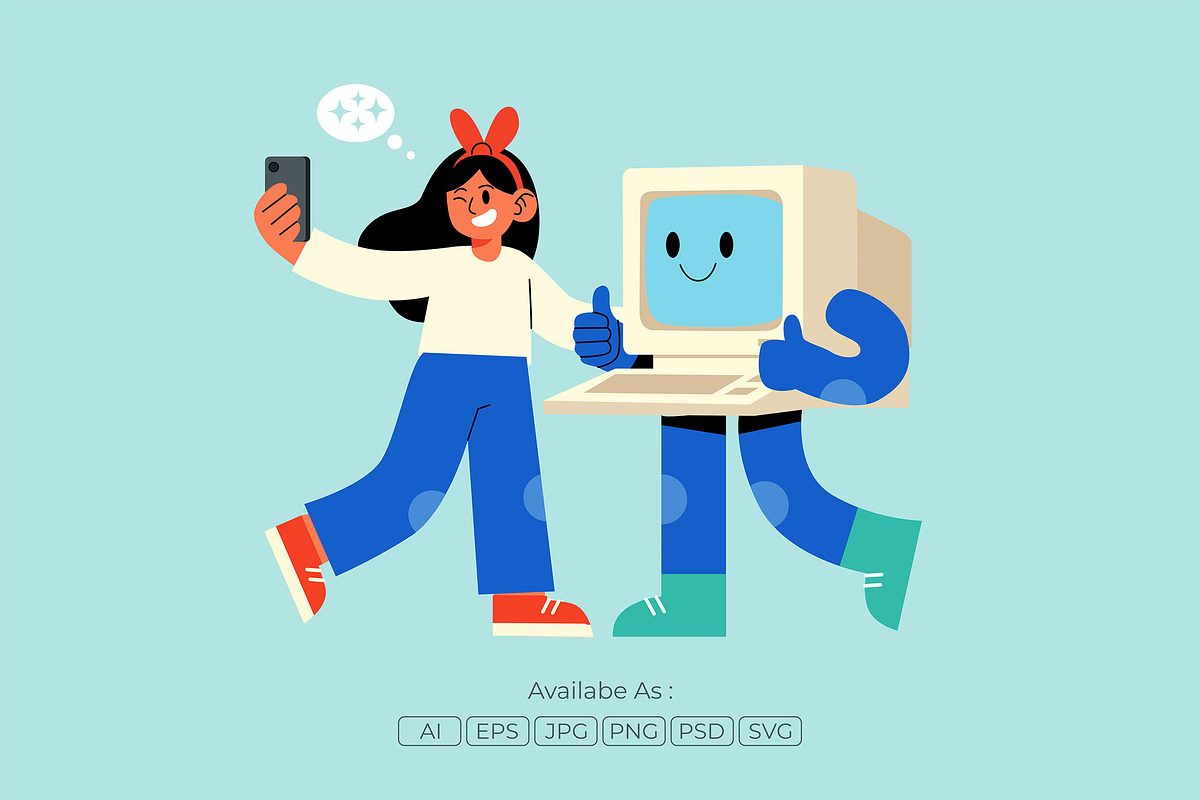 Girl Selfie with Robot Illustration, a Technology Illustration by Partikusi Design (Photo 2 of 3)