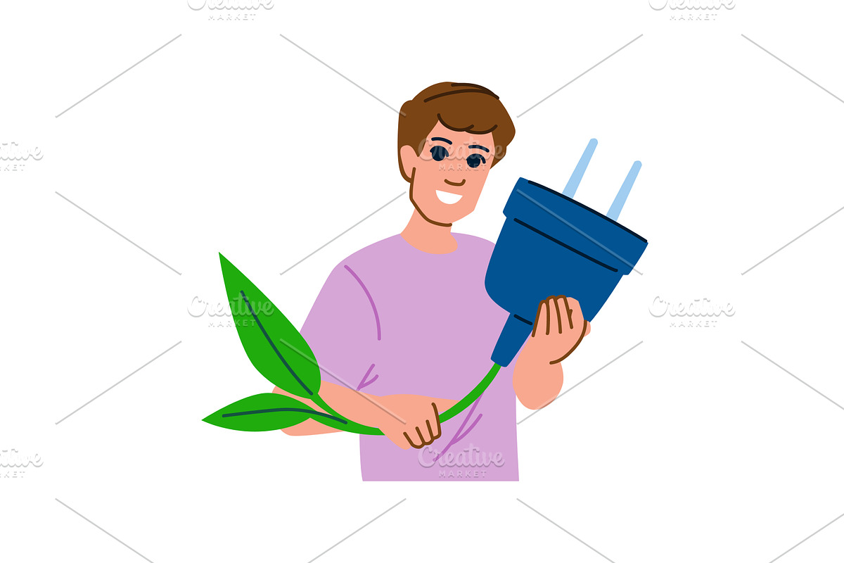 Man holding big electric plug and, an Illustration by pikepicture