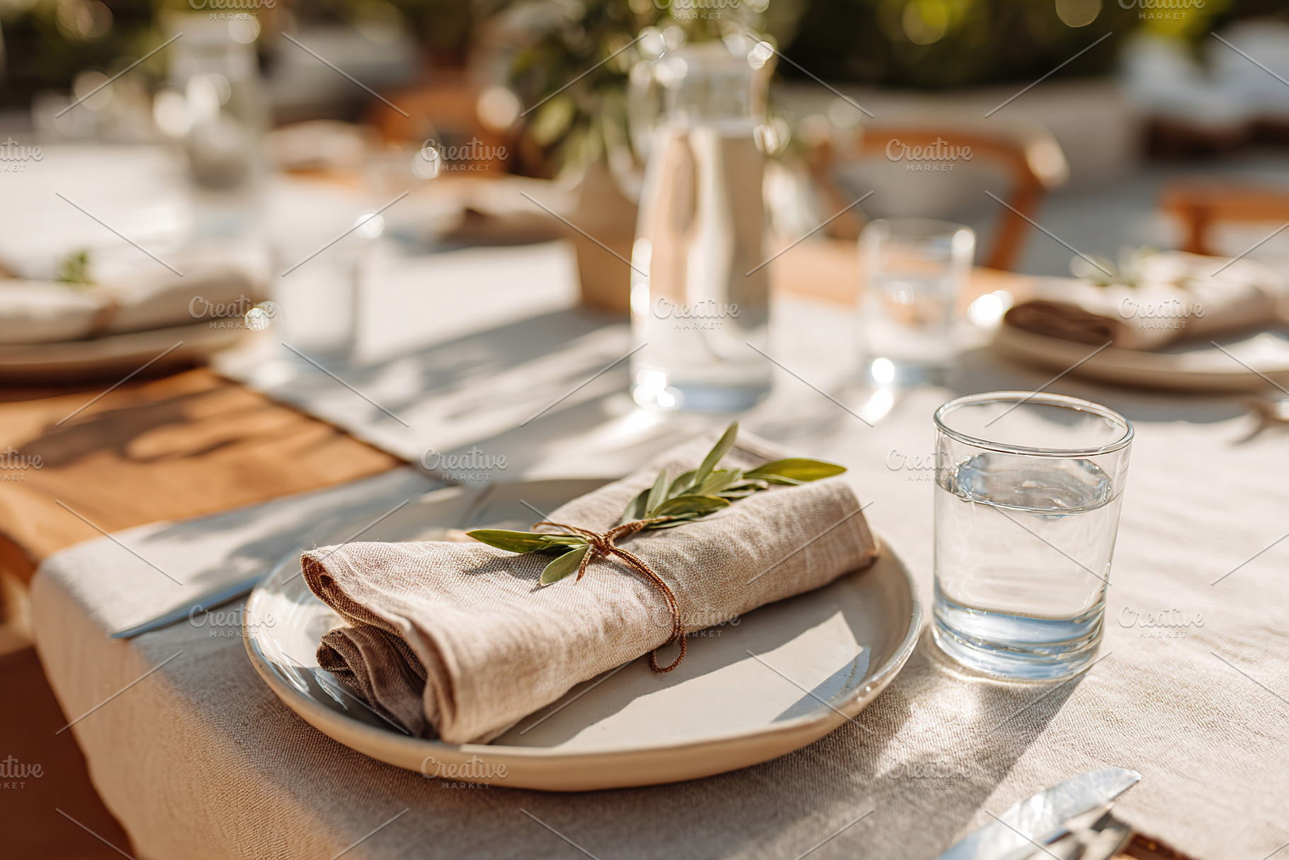 Elegant summer dinner table with linen and decorative plates set for a delightf, a Photo by AlyaAnd