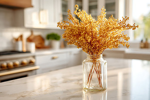 Scandinavian kitchen featuring a charming vase of dried flowers on a marble cou, a Nature Photo by AlyaAnd