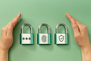 Cybersecurity Conceptual image. Hands securing padlocks represen, a Photo by salmon.black