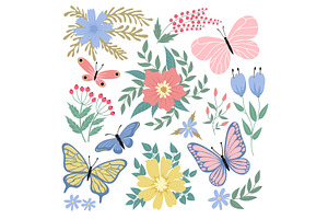 Butterflies And Flowers. Hand Drawn