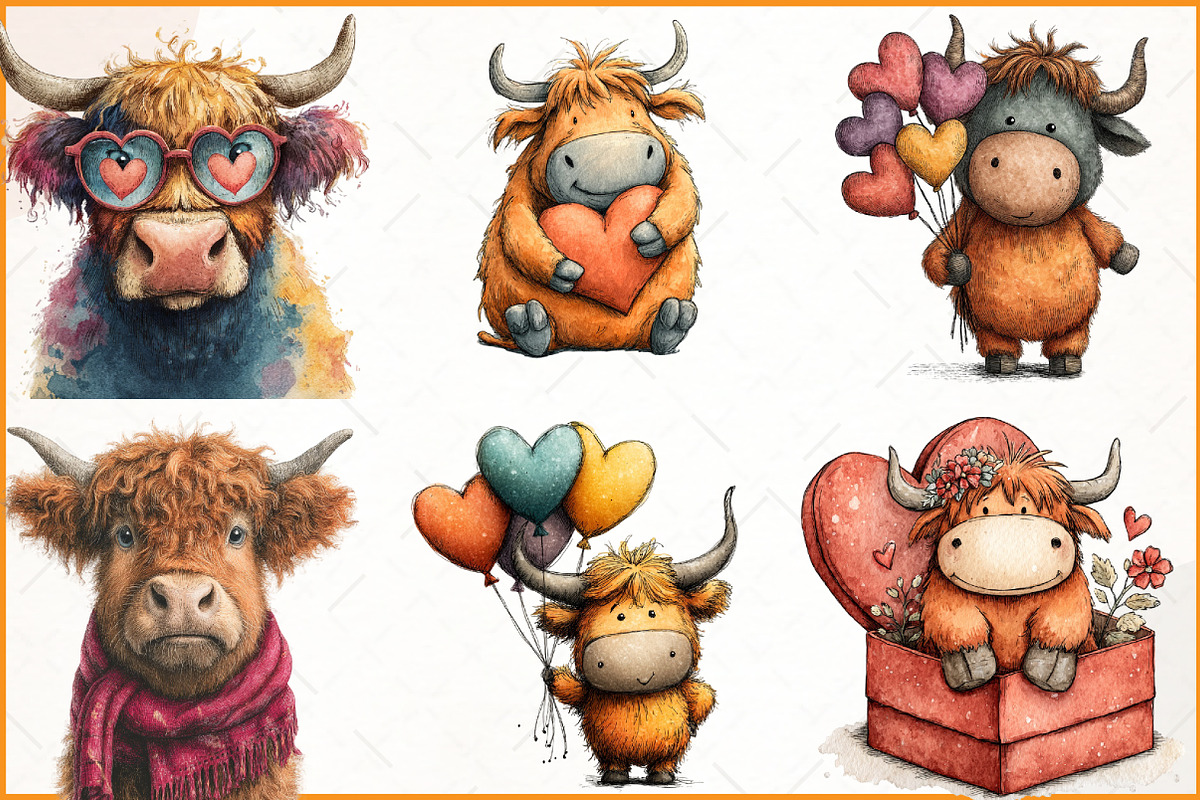 Valentine Highland Cow Clipart, an Illustration by Watercolor design (Photo 3 of 4)