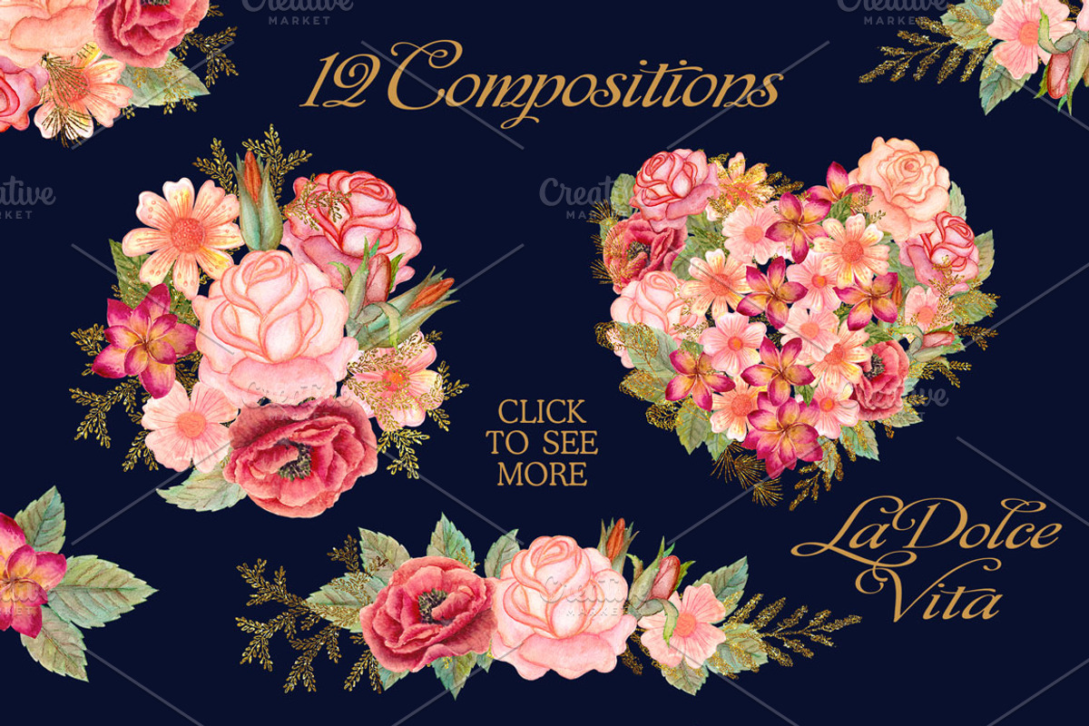 Watercolor wedding glitter flowers, an Illustration by antuanetto (Photo 3 of 13)