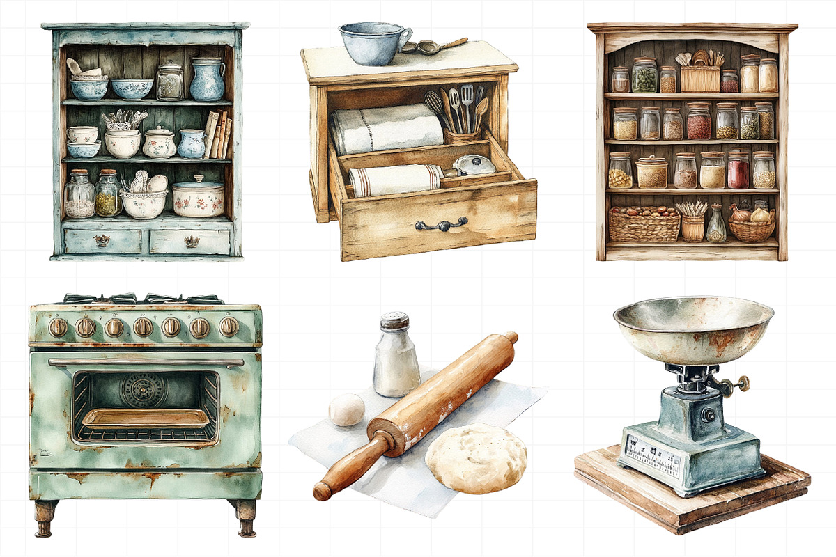 Watercolor Vintage Kitchen Clipart, an Illustration by Daily.Designs (Photo 7 of 7)