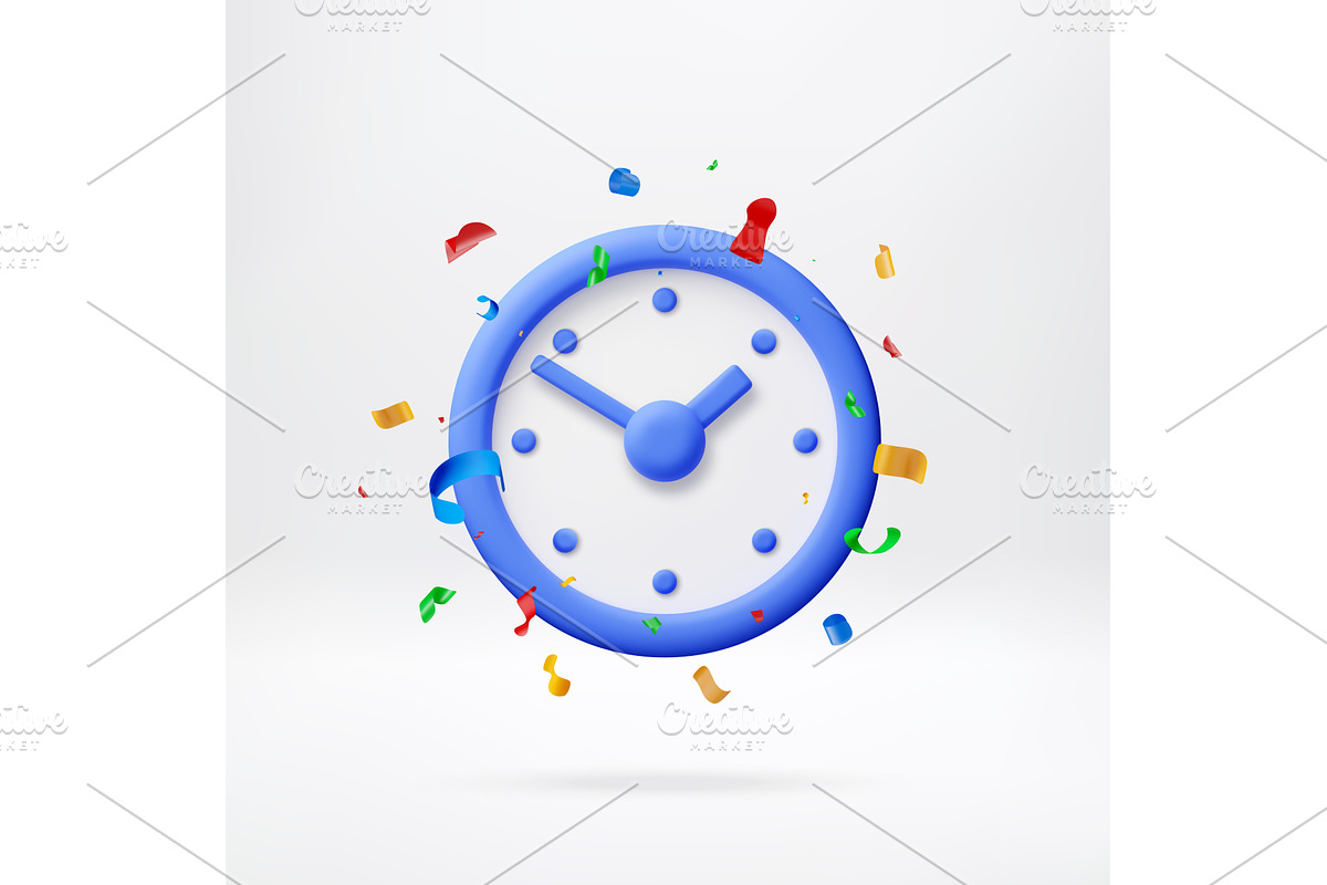 3D Blue clock with confetti flying, an Object Illustration by Abscent