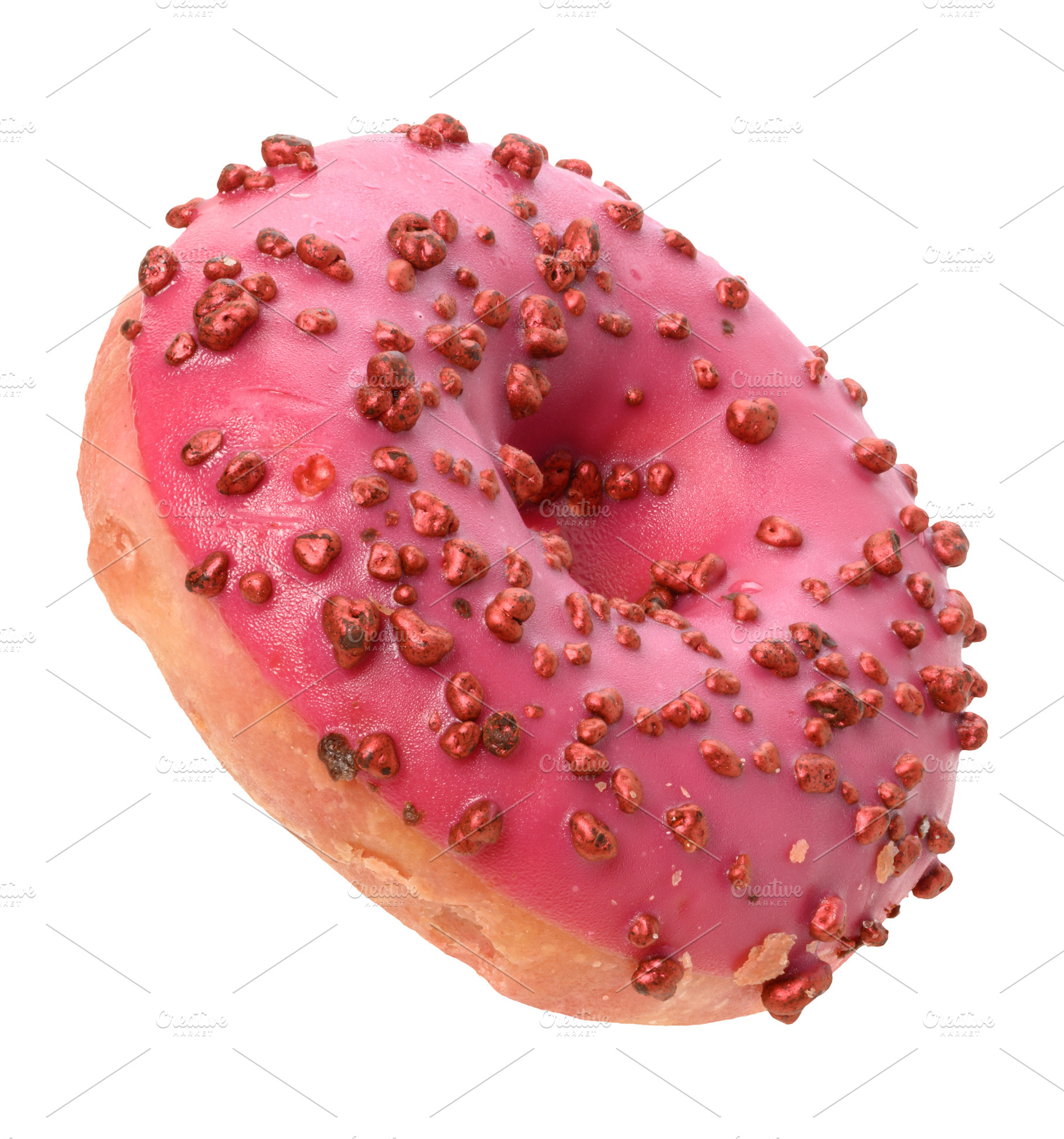 Pink glazed donut with crunchy berry sprinkles on an isolated ba, a Food & Drink Photo by ndanko