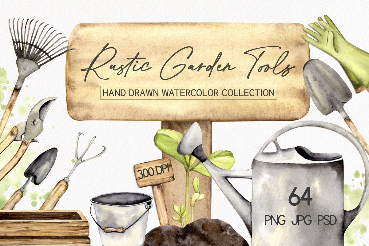 Garden Tools Watercolor Set, an Object Illustration by WatercolorElena (Photo 1 of 11)