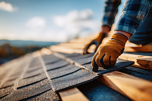 Skilled worker installs new shingles on rooftop during bright day in residentia, a Technology Photo by AlyaAnd