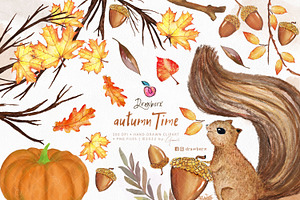 Watercolor Fall forest, squirrel 008