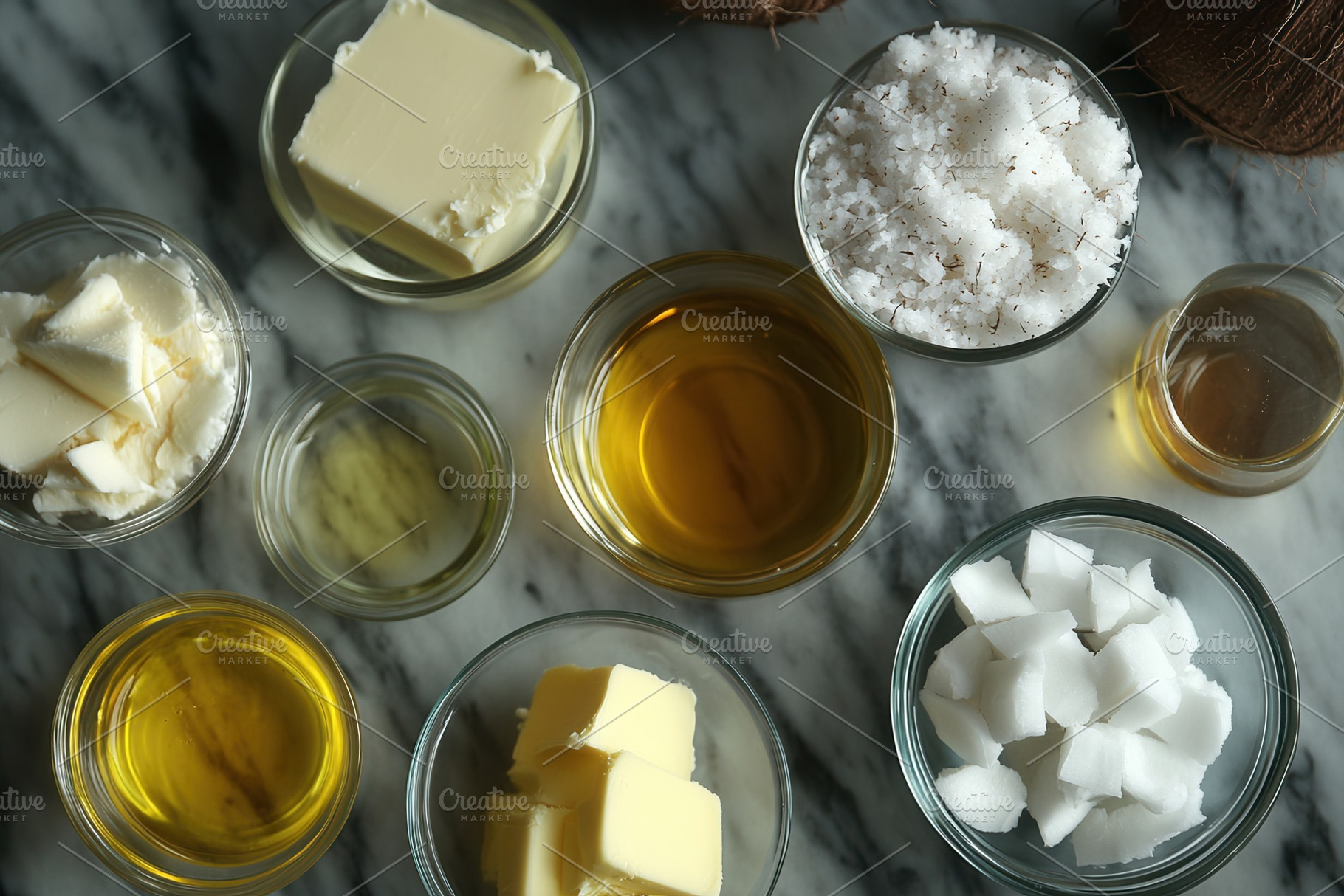 Shot of butter, coconut & olive oil, a Photo by Pavel_design
