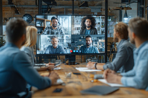 Team video conference modern office, a Photo by Pixeness Studio