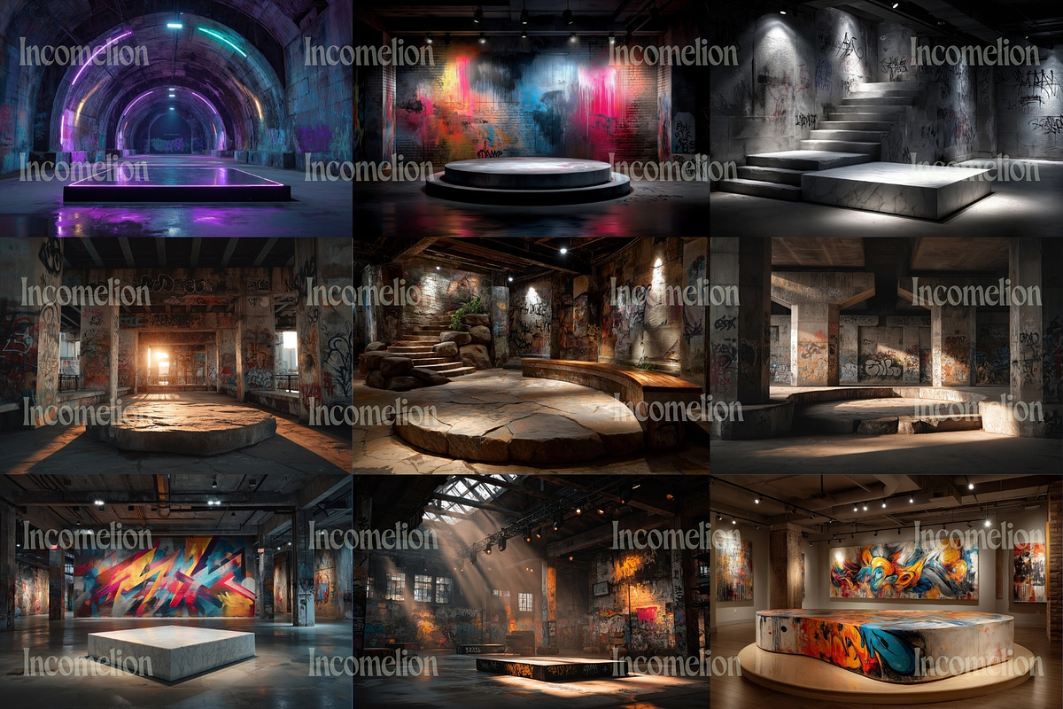 40 Graffiti Podium Mockups, a Background Graphic by Incomelion (Photo 5 of 9)