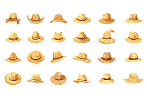 Cartoon Straw Headwear Icon Set