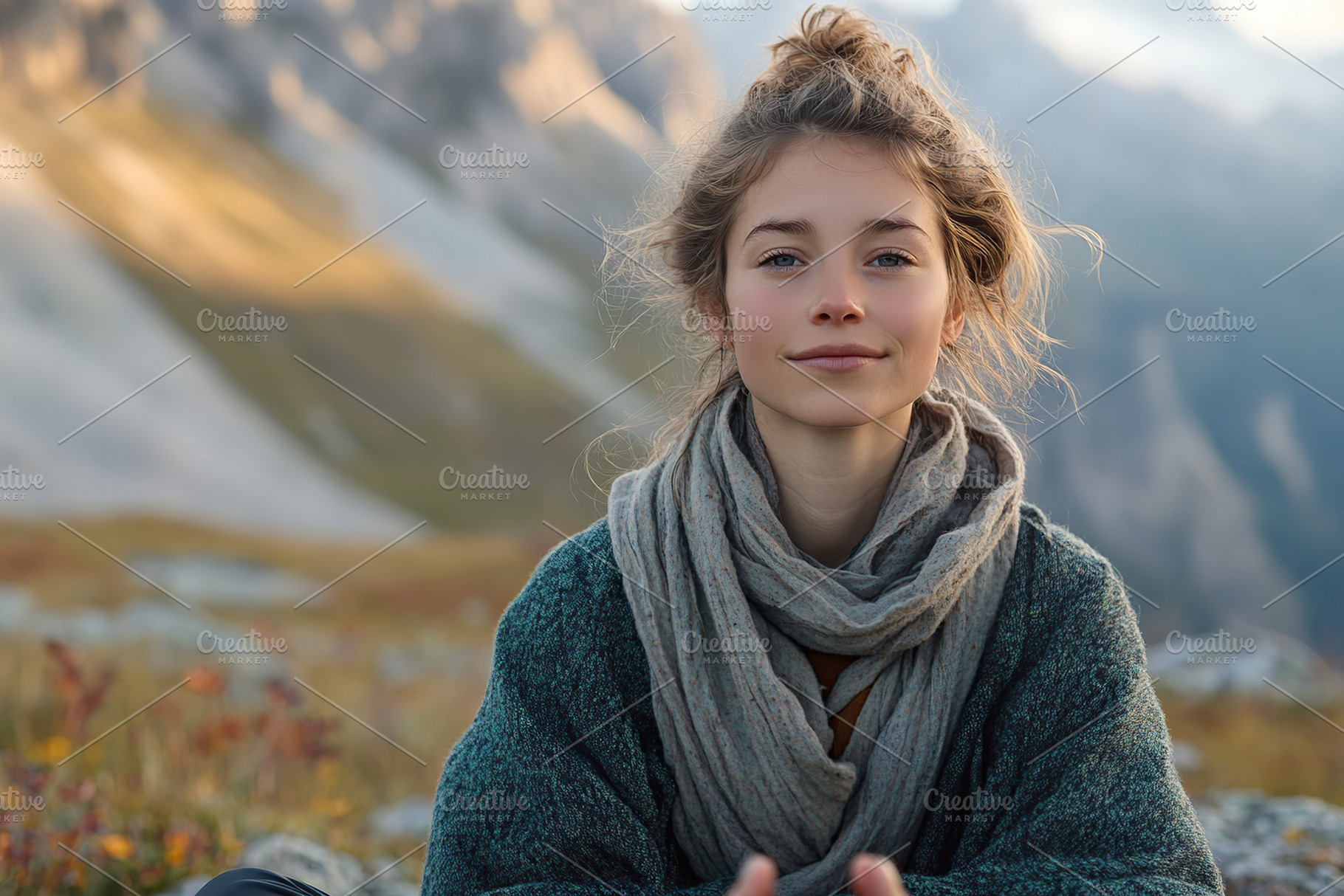 Woman enjoys solitude on mountaintop while surrounded by stunning mountain land, a Person Photo by AlyaAnd