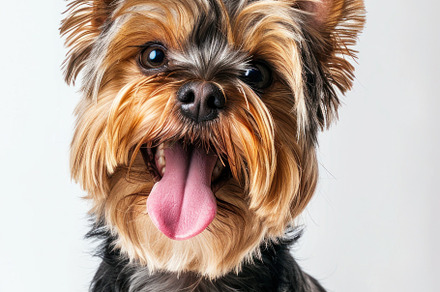Radiant Yorkshire Terrier Sits Prettily, Tongue Out in Sheer Del, an Animal Photo by José Manuel Gelpi