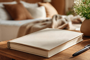 Cozy hotel room with notebook and pen on wooden table, a Holiday Photo by OSORIOartist