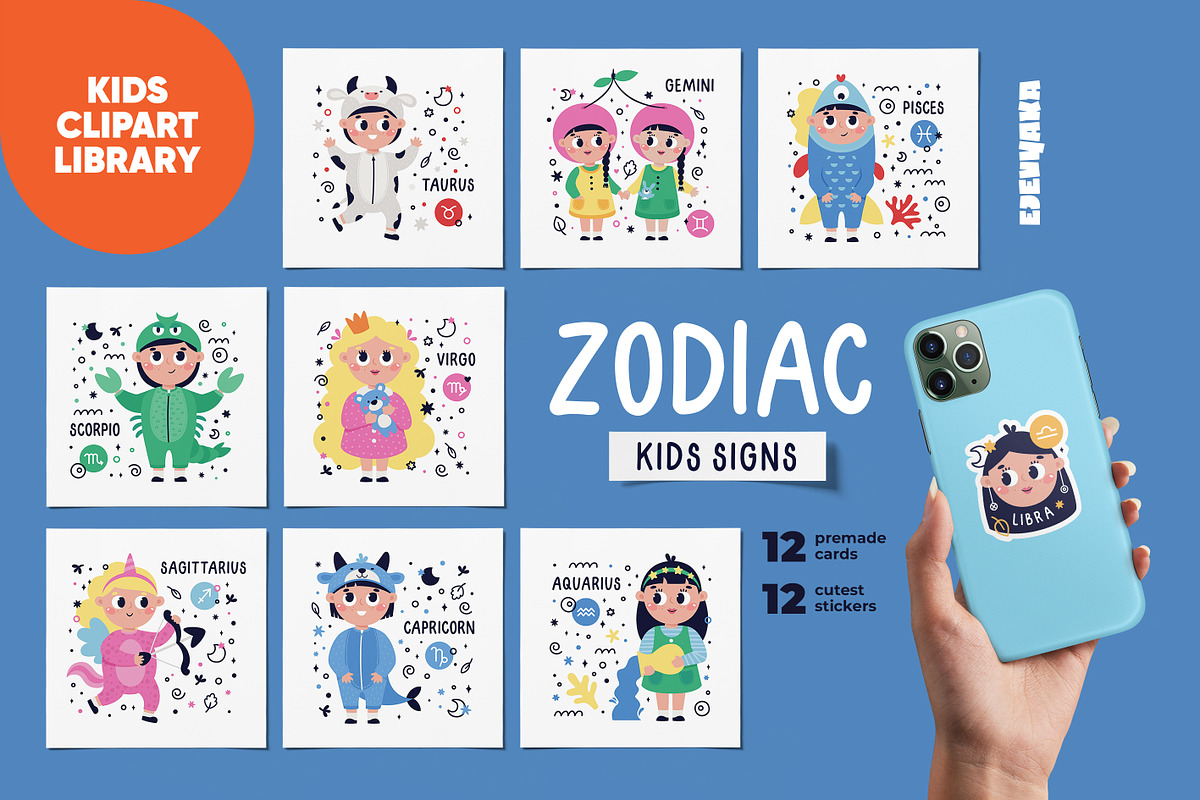Kids Zodiac Signs. Cards & Stickers, a Decorative Illustration by Ejevyaka (Photo 1 of 7)